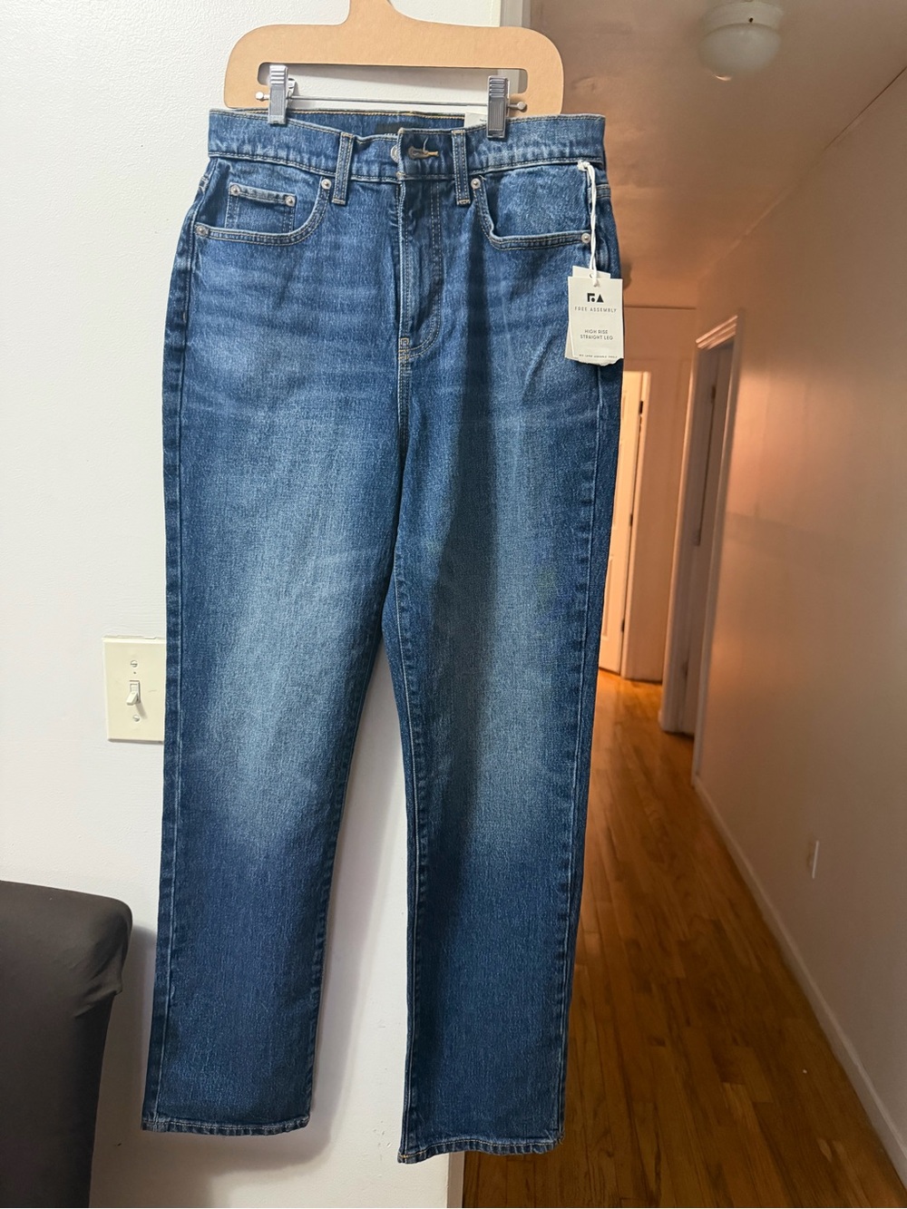 High-Rise Straight Leg Jeans in Medium Blue Denim